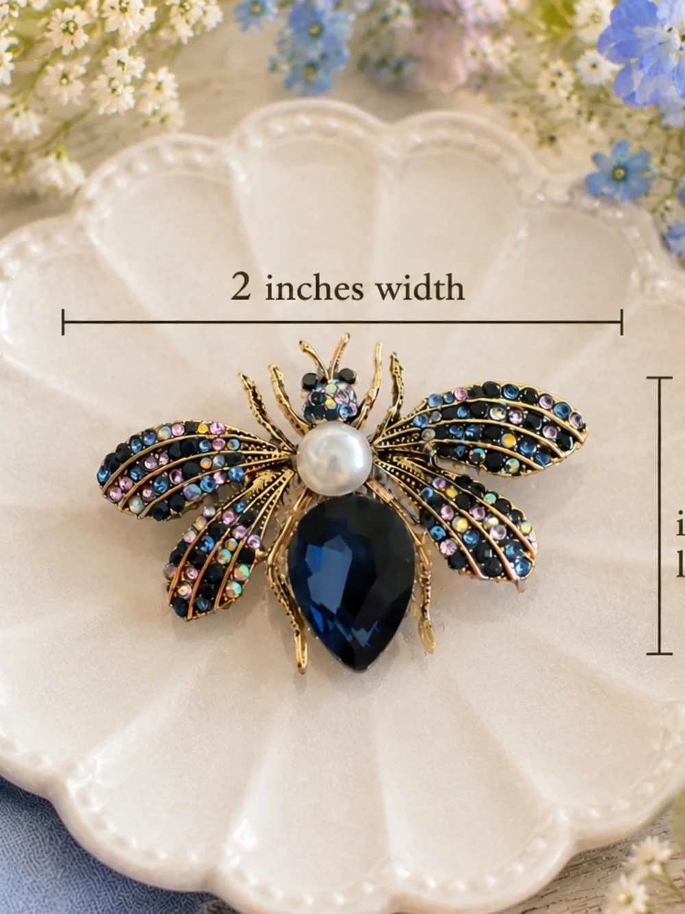 Blue Crystal Bee Brooch with Pearl Accent